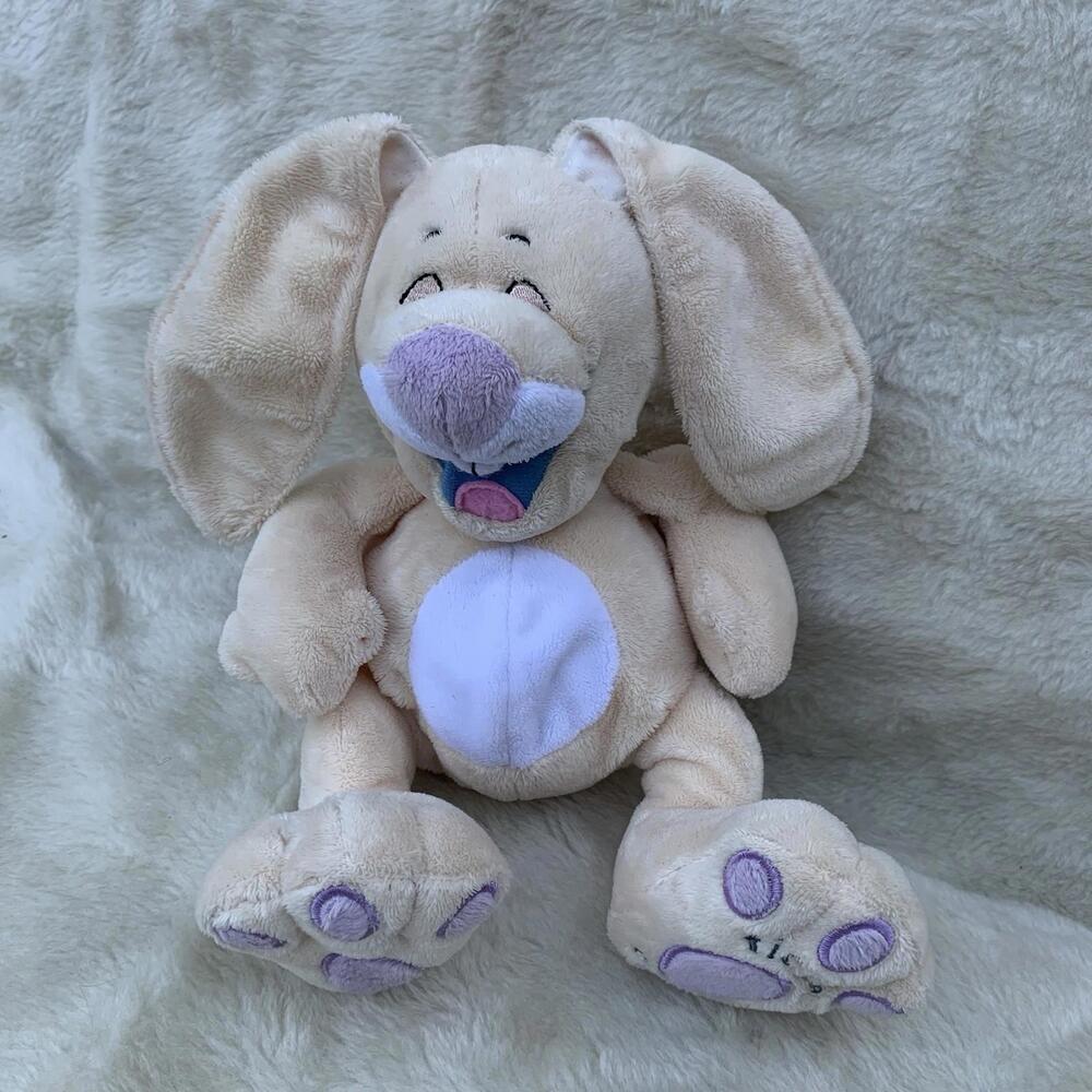 Nuby Tickle Tots Laughing Bunny Plush Tan Purple Nose Ears Stuffed Animal 16”